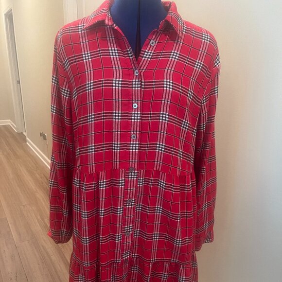 LOFT Red Plaid Long Sleeved Dress with Button Down Front and Collar - Picture 2 of 5